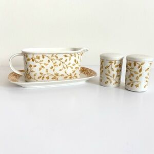 Vintage Mikasa Intaglio Gravy Boat with Salt and Pepper Shakers Ardsley Yellow